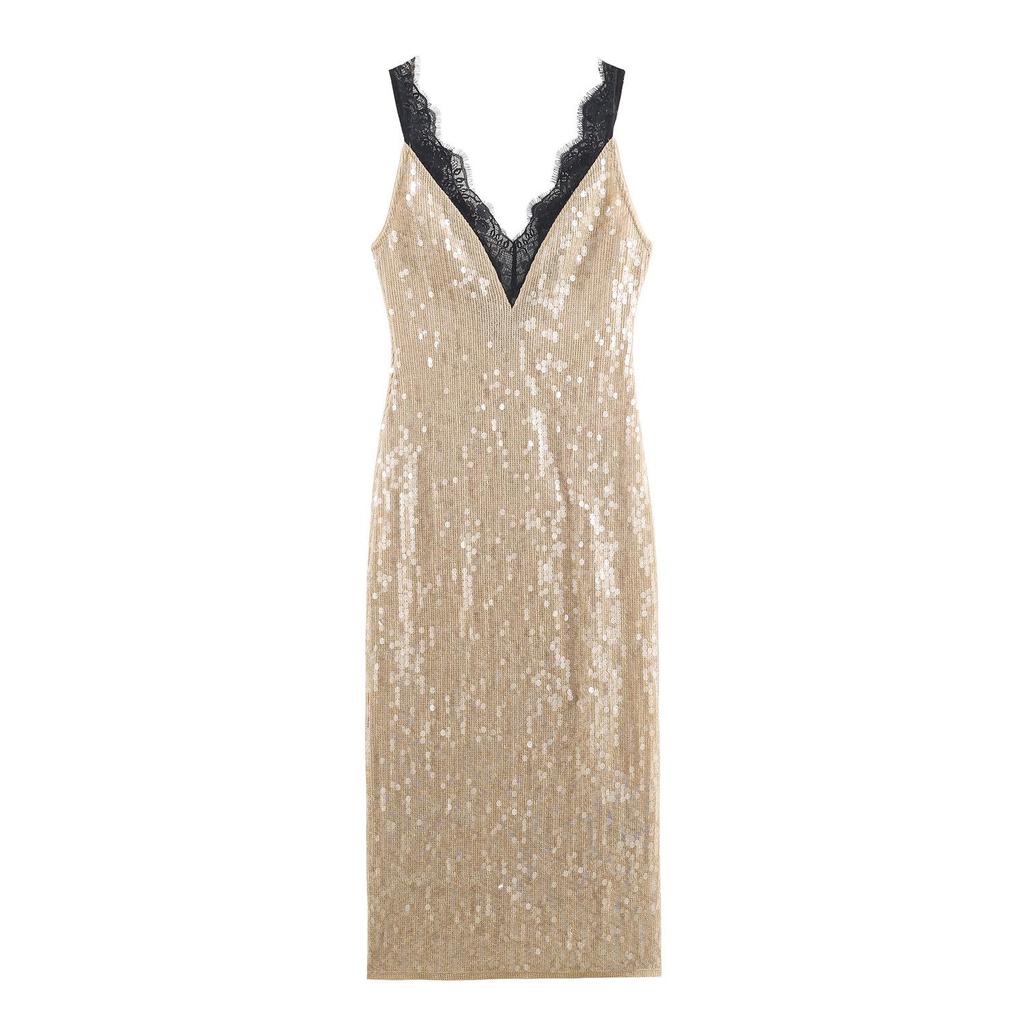 European American Women's Fashion Sequin Lace Dress