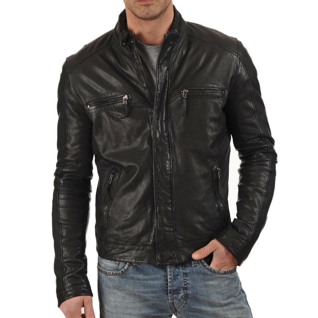 SKINOUTFIT Men's Genuine Lambskin Black Leather Jacket Stylish Motorcycle Bomber Biker Outerwear MJ 02