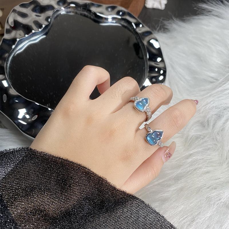 Sea Blue Gourd With Diamonds, Lace Open Ring, Niche Personality, Light Luxury, High-End Ring, Female.