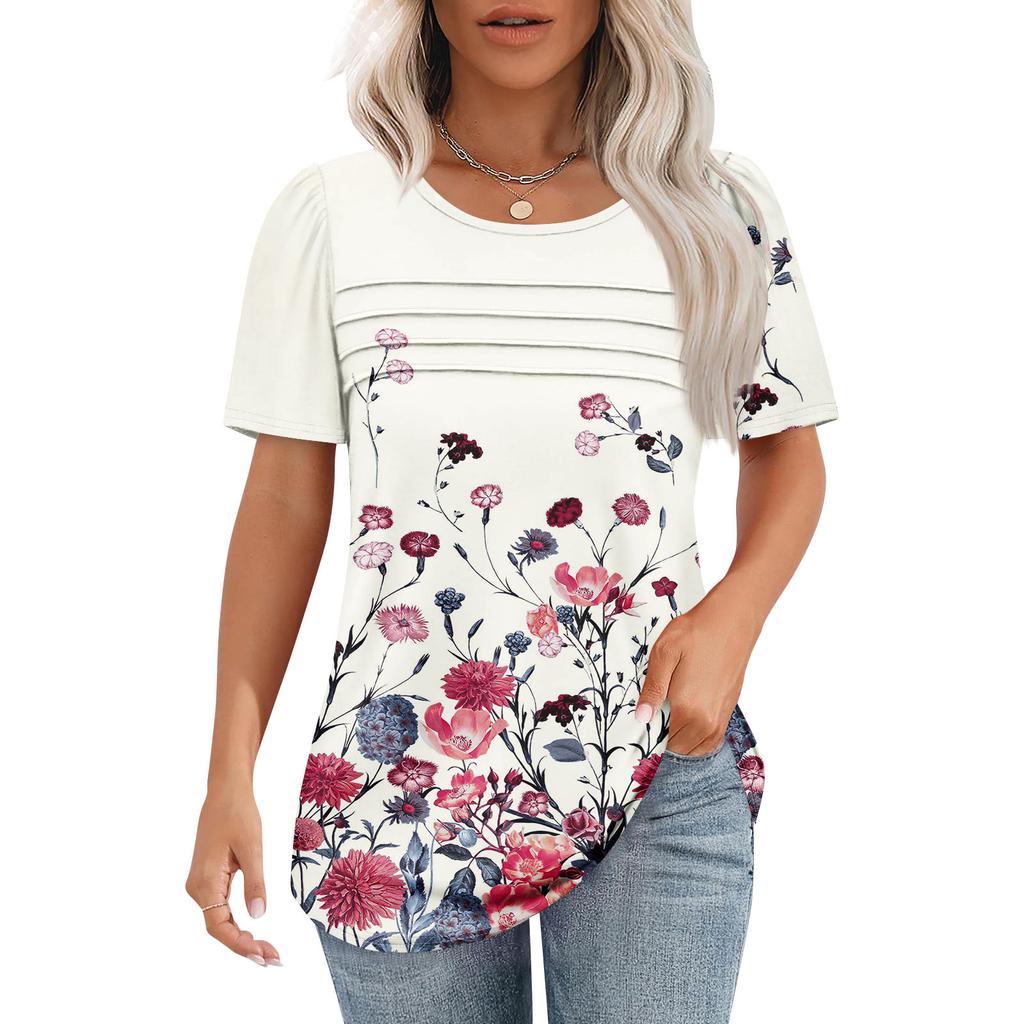 Women's T-shirt Short Sleeve Tops Elegant Casual Shirt Spring Summer Outfit Flowy Pleated Front Round Neck Summer Tops