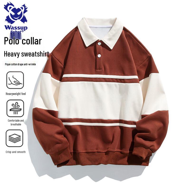 Wassup Sohot Men s Striped Polo Collar Loose Sweatshirt 2XL