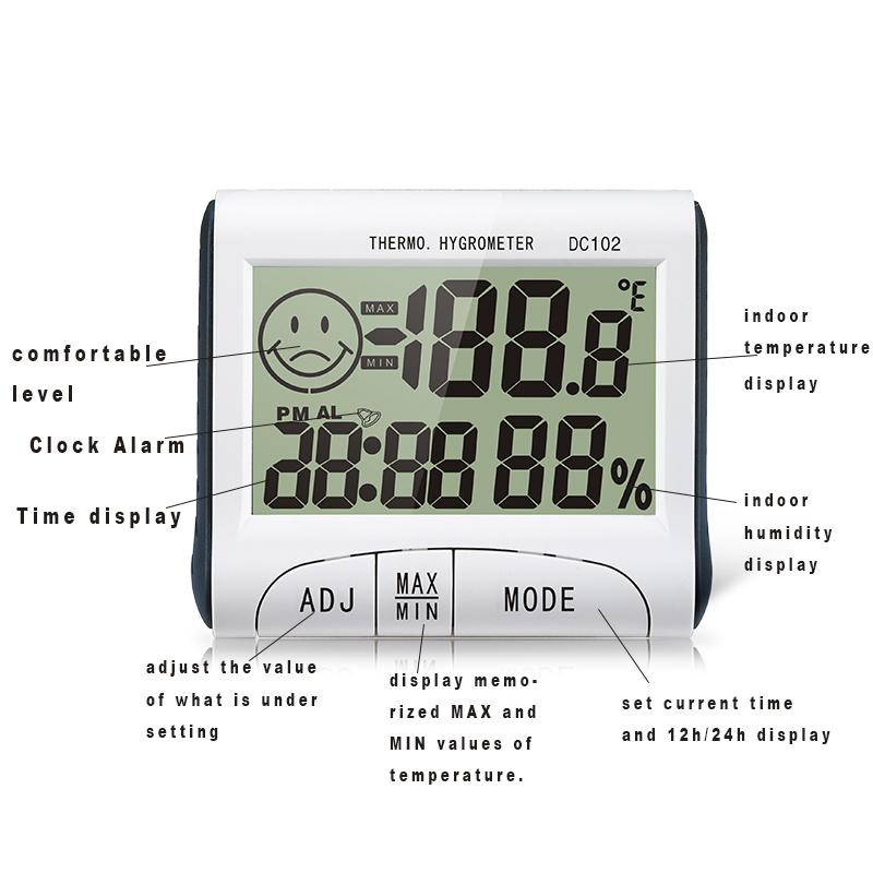 DC102 Digital Thermo-Hygrometer with Clock & Comfort Smile, Indoor Temperature Humidity Monitor - Desk/Wall Mount