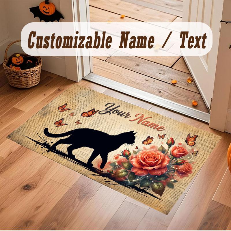 Cat Theme Crystal Velvet Floor Rug Personalized Custom Name Text Warm Carpet Home Decoration