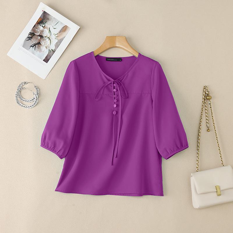 ZANZEA Women Casual Round Neck Solid Color 3/4 Sleeve Summer Blouse