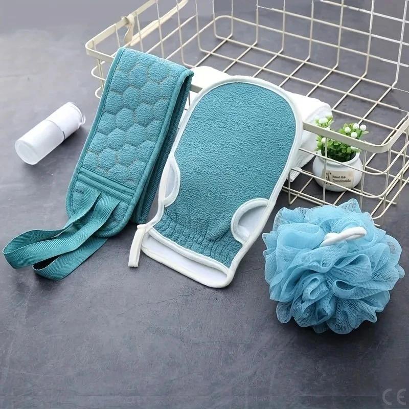 

3-piece exfoliating bath set - gentle loofah and soft glove towel for body scrub, providing a full-body bath and cleansing синий