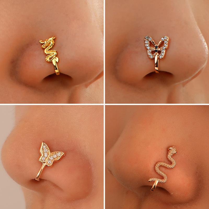 Vintage Goldfarbe Drache Schmetterling Fake Nasenring für Frauen Afrika Kupfer Helix U-Form Faux Nasenring Piercing Körperschmuck