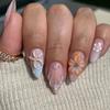 24PCS Summer Almond False Nail 3D Flower Shell Fresh Design Fake Nail Full Cover Acrylic Wearable French Nail Tips Art Beauty