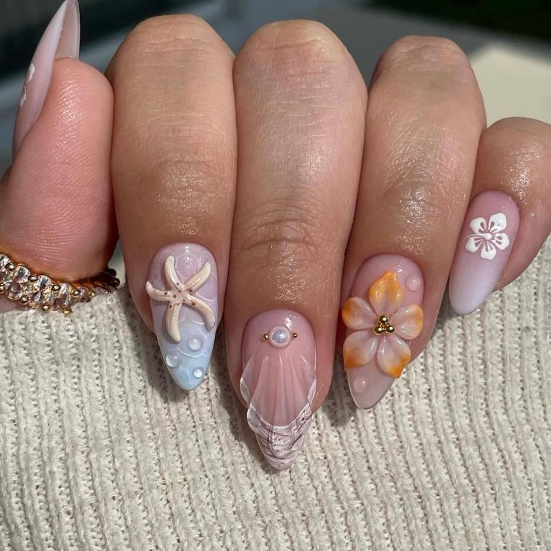 24PCS Summer Almond False Nail 3D Flower Shell Fresh Design Fake Nail Full Cover Acrylic Wearable French Nail Tips Art Beauty