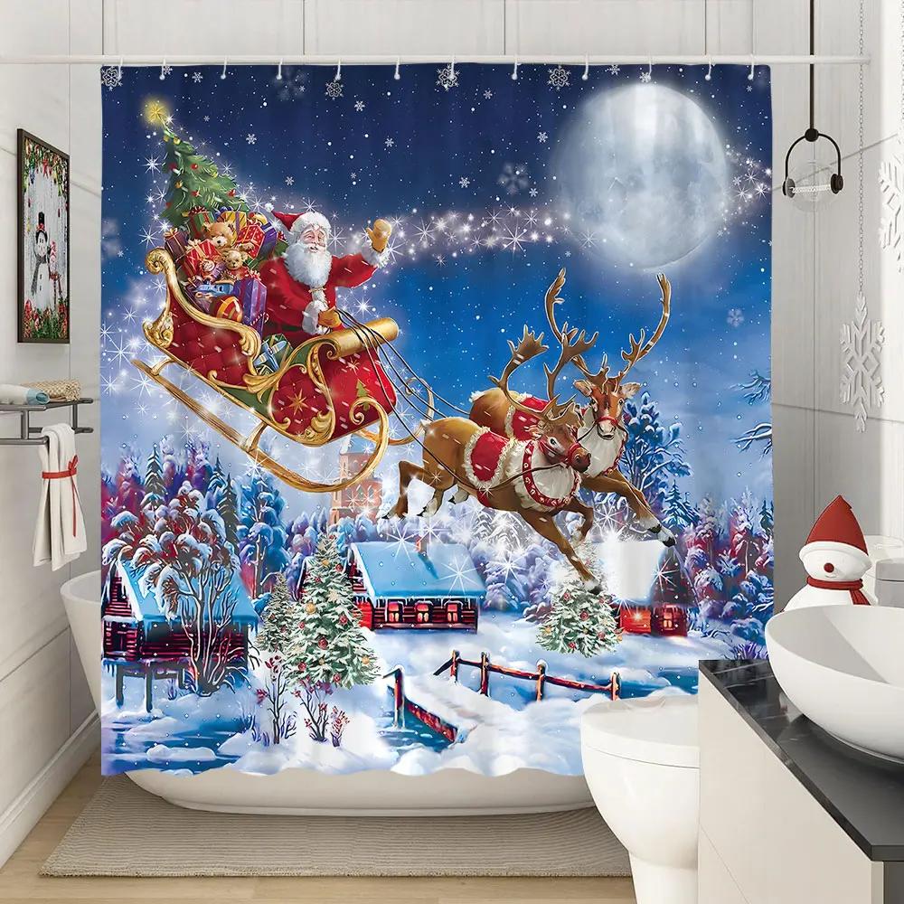 Winter Christmas Shower Curtain Xmas Reindeer Nature Forest Snowy Scenery Farmhouse Bath Curtain Polyester Fabric Bathroom Decor