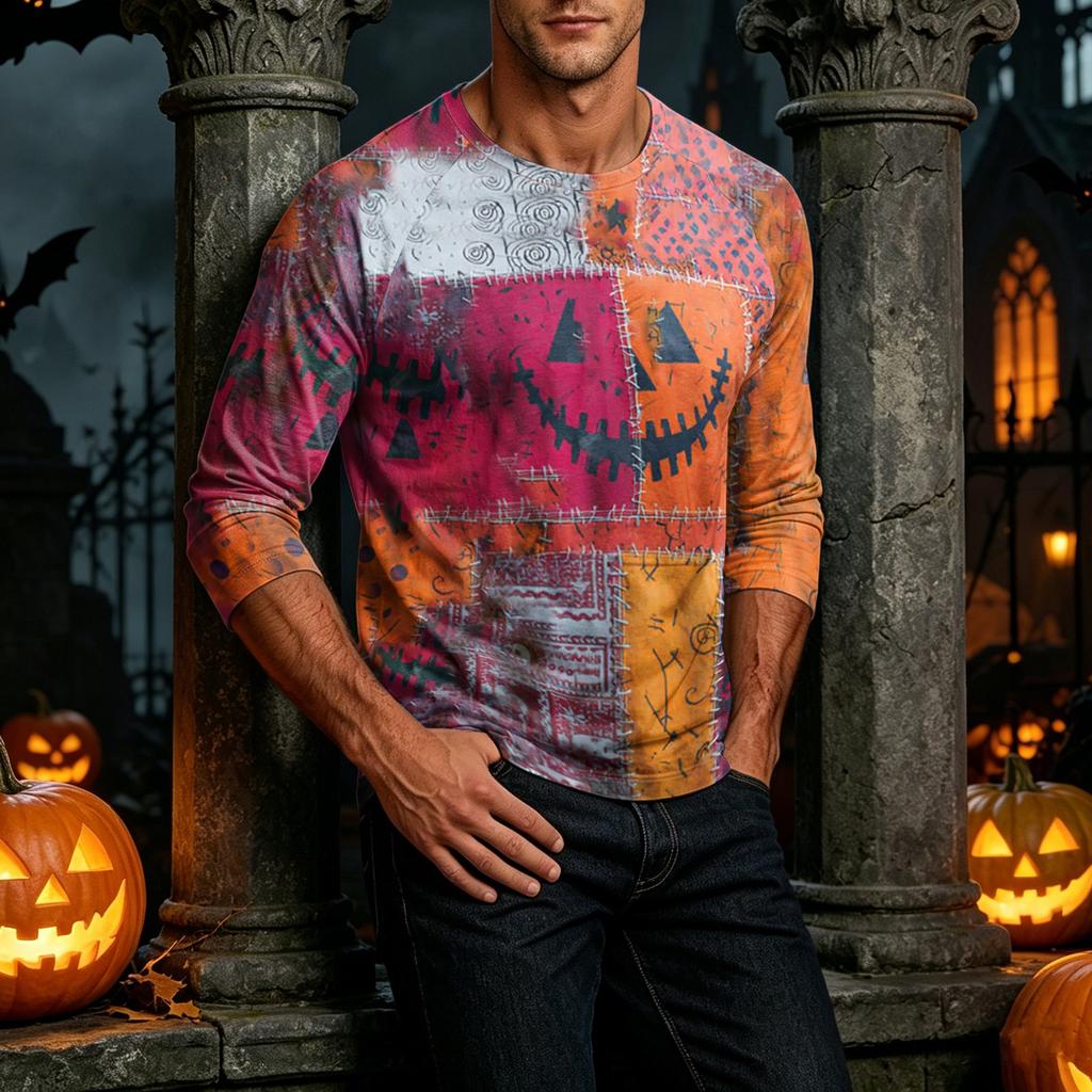 Men's Henley Neck Halloween Print Raglan Sleeve Three Quarter Length Shirt Casual Lightweight Pullover Top for Fall and Everyday Wear