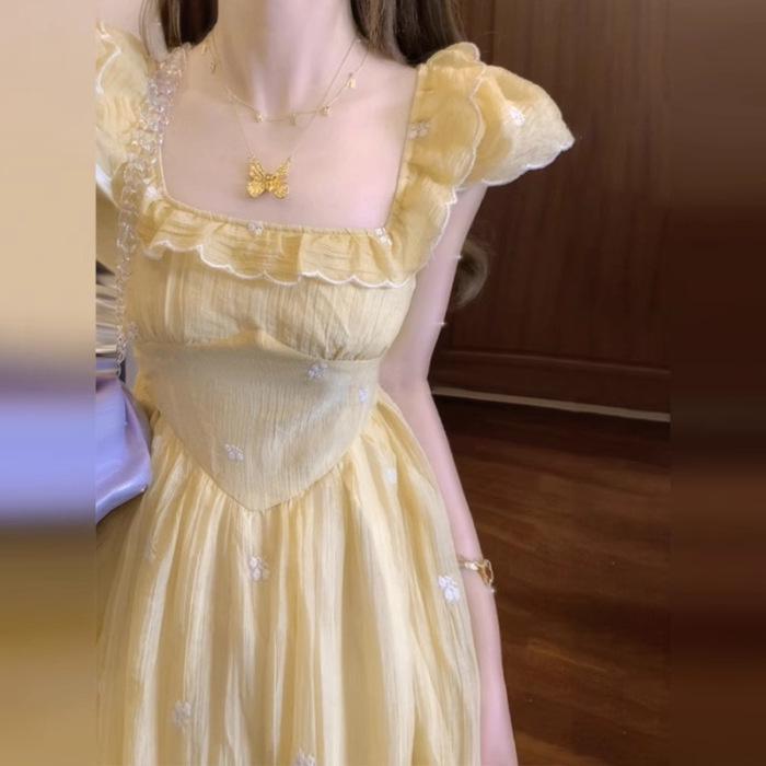 Women s Elegant French Yellow Floral Puff Sleeve Long Dress - Summer 2026 Collection S