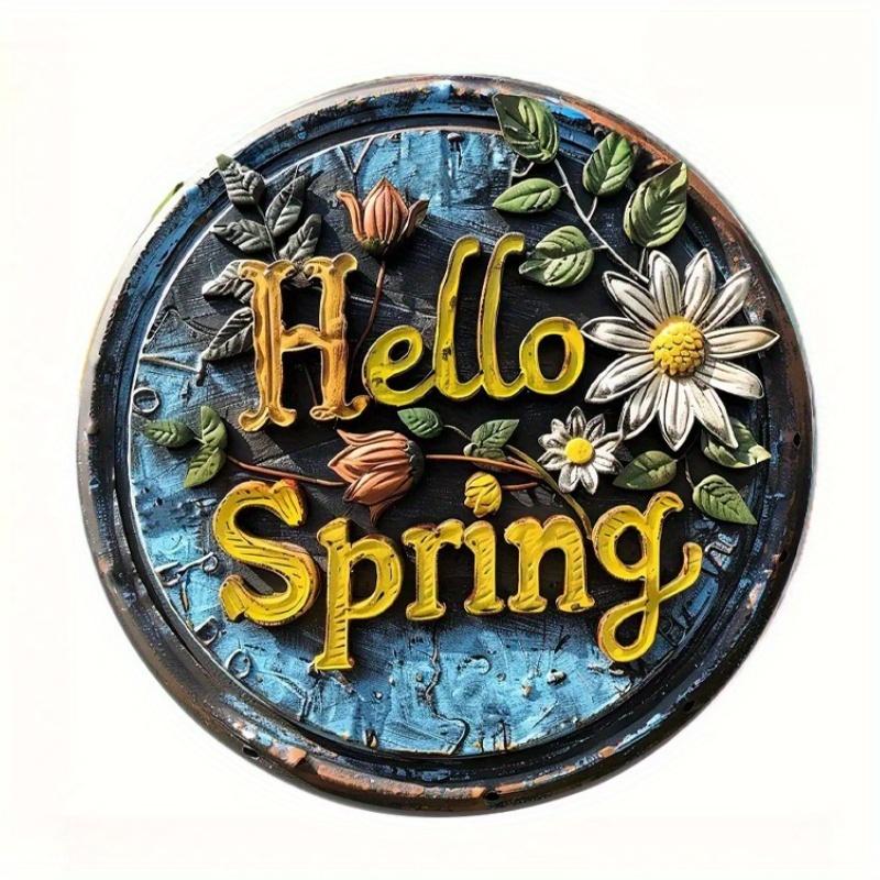 2d Flat 20*20cm Round Wooden "Hello Spring" Sign Art Painting Wreath Decorative, Entrance Decor Gift, Mask Theme, for Bar, Club, Home, Room Wall Decor