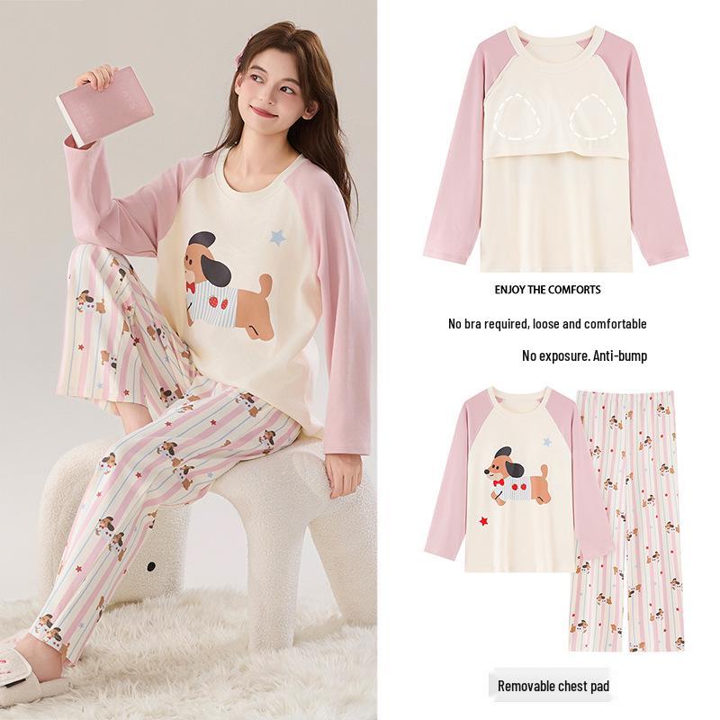 Women's Long Sleeve Cotton Pajama Set with Bra Pads - Sweet Cartoon, Plus Size, Antibacterial, Loose Fit