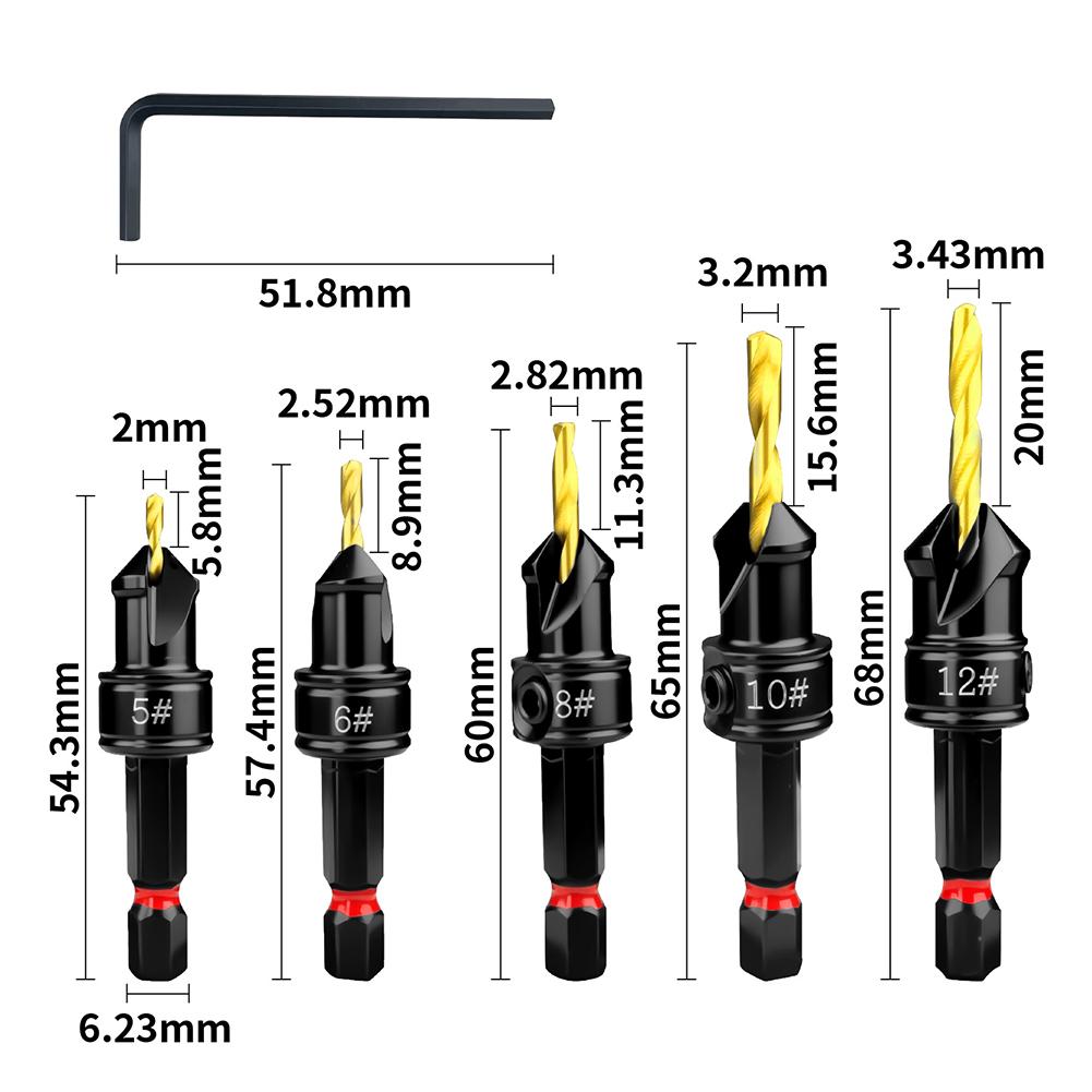 For Woodworking Countersink Bit Pilot Hole Cutter Black as Picture Fits Screws 5- 12 Counter Sleeve For Counterbore