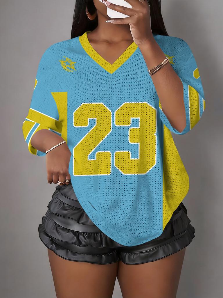 Damen NO.23 Print V-Ausschnitt Kurzarm T-Shirt Sommer Grafik T-Shirt Baseball Trikots Große Größen Sport T-Shirt