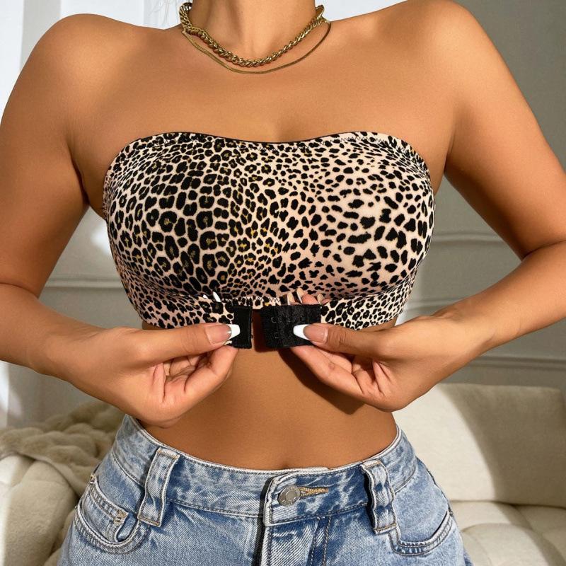 Leopard Print Seamless Tube Top Gathering Underwear Temu Women's Front Buckle Bra Beautiful Back