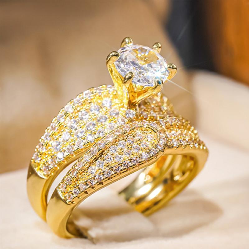 Huitan Luxury /Set Rings for Women Gold Color Brilliant Cubic Zirconia Finger Accessories Delicate Engagement Wedding Jewelry