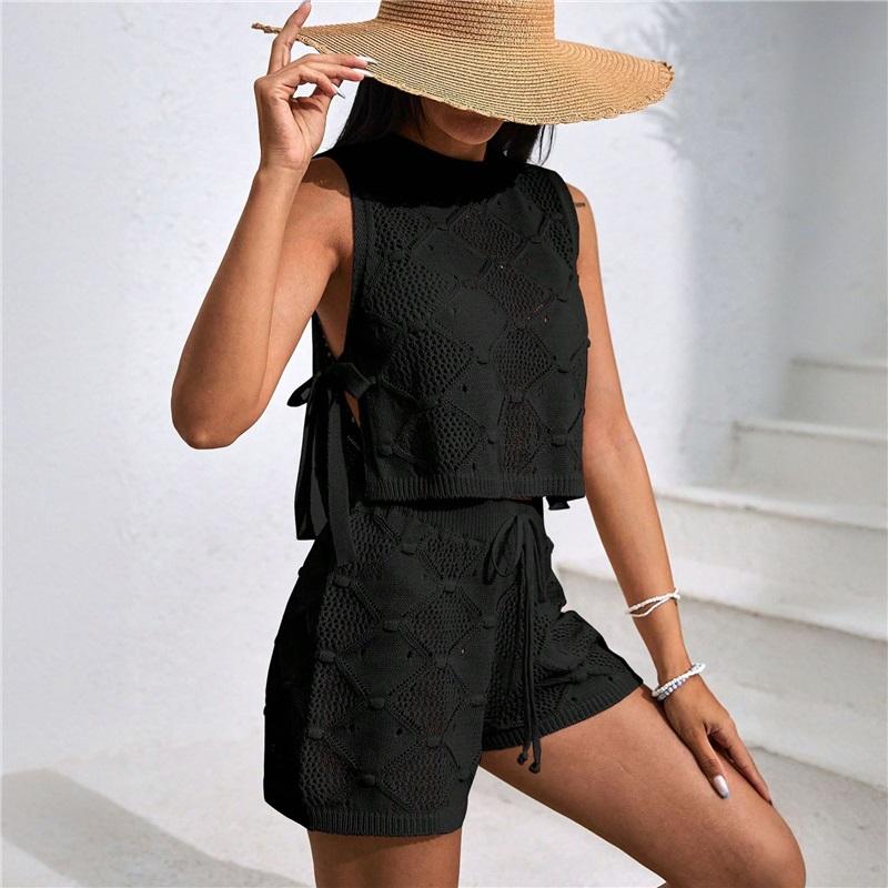 European And American Handmade Knitwear Blouse Sleeveless Loose Casual Seaside Vacation Suit Top Shorts Two Piece Suit