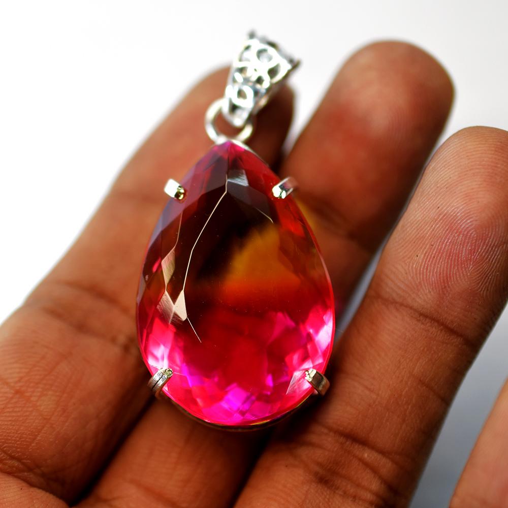Lab Created Pendant Bi-Color Sapphire 925 Sterling Silver Pear 100 Ct CERTIFIED my-488-ns