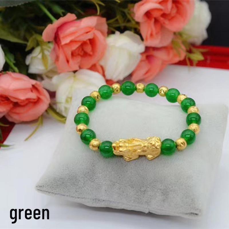Gold-Plated Pixiu Bracelet with Red & Green Chalcedony - Unisex Fashion Jewelry