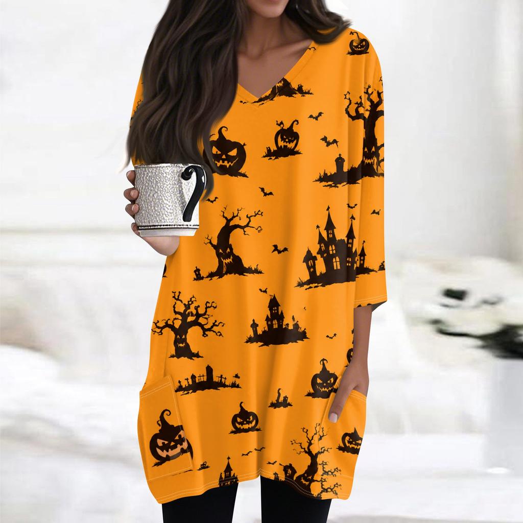 Women's Halloween Print V-Neck Tunic Top, 3/4 Sleeve, Pocket