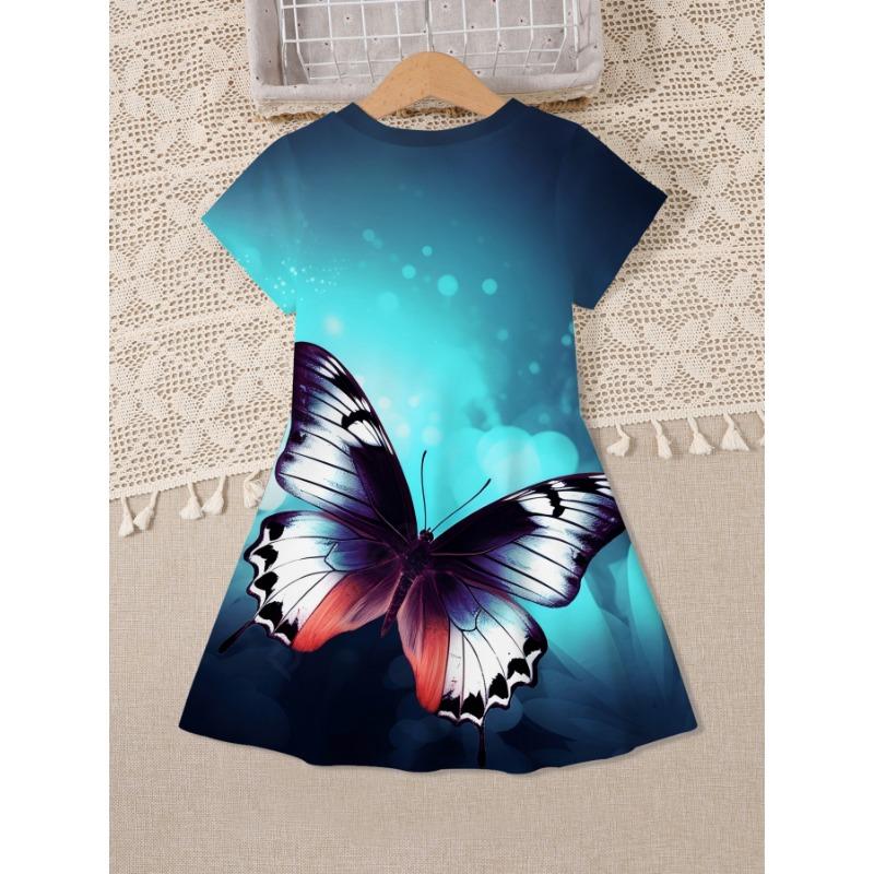 3D Digital Cartoon Butterfly Pattern | Cute Girls' Short Sleeve Tunic Dress Perfect for Spring/Summer, Casual Style with Slight Stretch Fabric