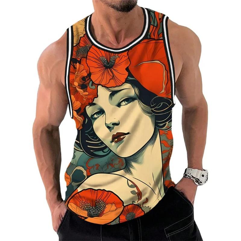 

Летний топ с круглым вырезом и 3D цветочным графическим принтом, модная повседневная майка без рукавов, мужские футболки 6XL