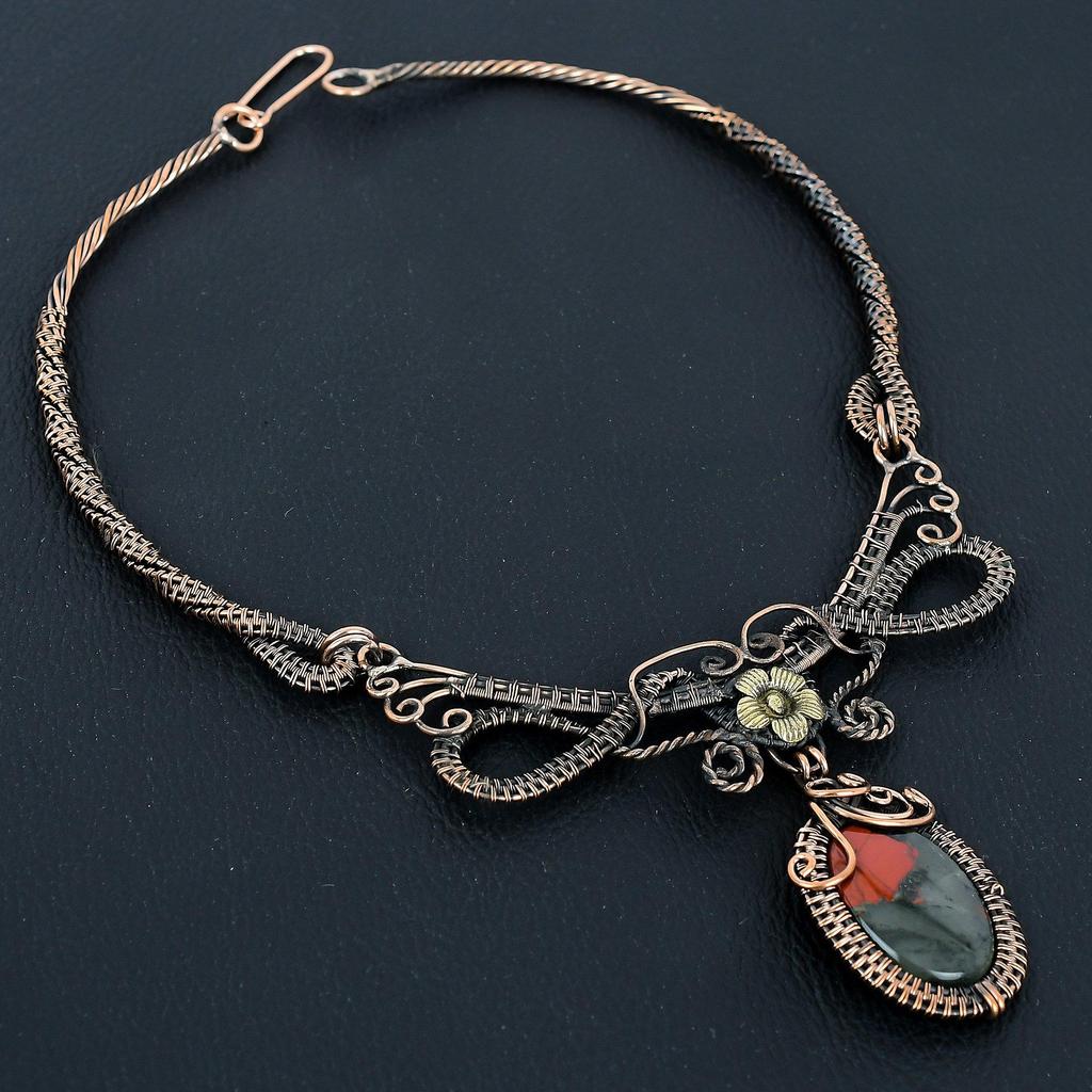 Bloodstone Necklace, 999 Copper Wire Wrapped Jewelry, Gemstone Jewelry Adjustable Chain Necklace, Handmade Wedding Gift Jewelry
