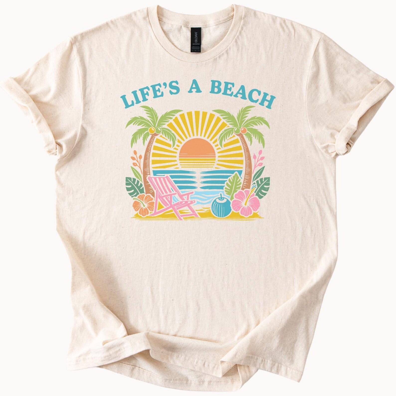 Lifes A Beach Graphic Tee Sun Palm Trees Ocean Sunset Beach Chair Tropical Summer Shirt Cute Beachy Shirt for Men 100