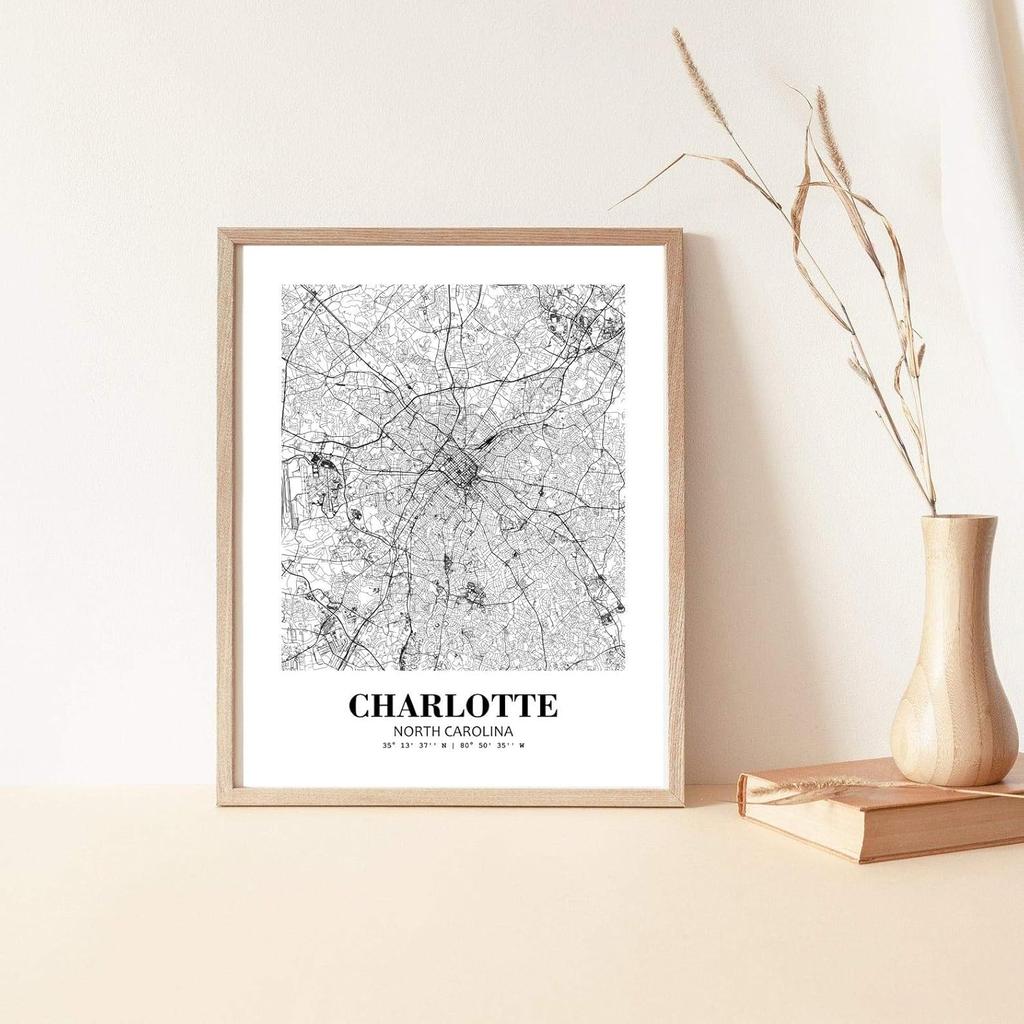 Eleville 8X10 Unframed Charlotte North Carolina City View Abstract Road Modern Map Art Print Poster Wall Office Home Decor Minimalist Line Art