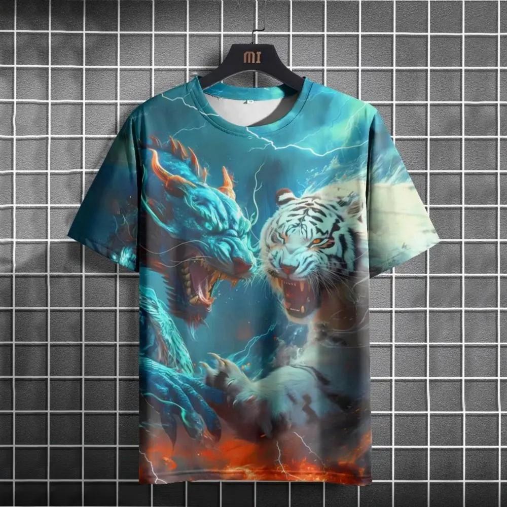 

Fashionable Summer Men s Angry Mythical Animal Battle Printed Breathable Round Neck T-shirt Outdoor Street Style Top S