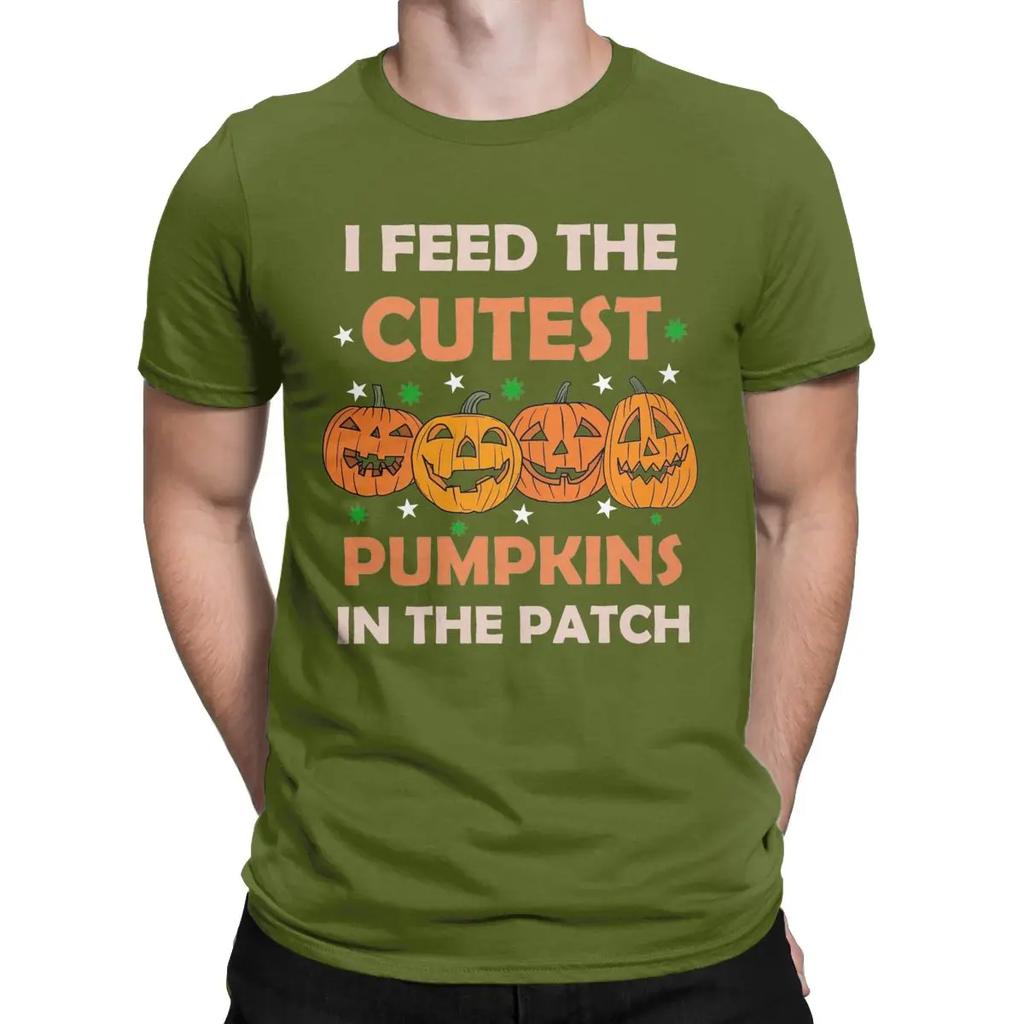 Men's T-Shirts I Feed Cute Pumpkins Novelty Cotton Tees Short Sleeve Halloween T Shirts Round Collar Clothes Printed