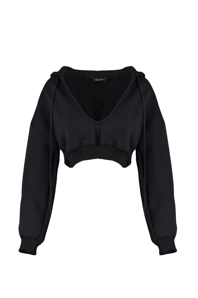 Women's Fashion Black Thick Fleece Hooded V-Neck Relaxed Cut Crop Knitted Sweatshirt