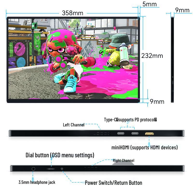 16-inch 2K Portable 144Hz Gaming Monitor with Type-C Connectivity for Laptop, Mobile, and Switch