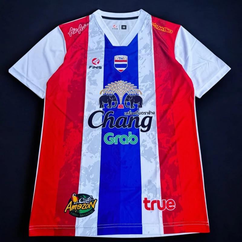 Thailand National Football Soccer Training JERSEY CHEER Fan Print Vintage Quick Dry V Neck Shirt Short Sleeve Uniform Elephant Logo Sport