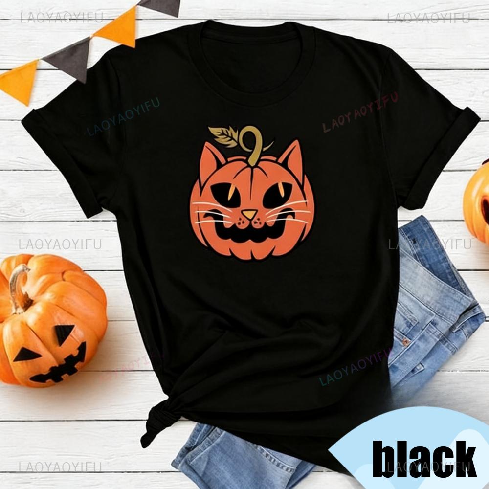 Minimalist Halloween Shirt Pumpkin Cat Face Gift Shirt Retro Halloween Cat Pumpkin TShirt Funny Halloween Women Casual Tops