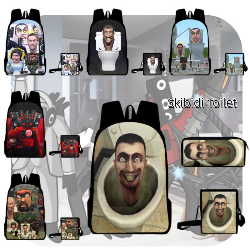 Cartoon Toilet Skibidi Backpack Pencil Case Large Capacity Schoolbag Travel Bag
