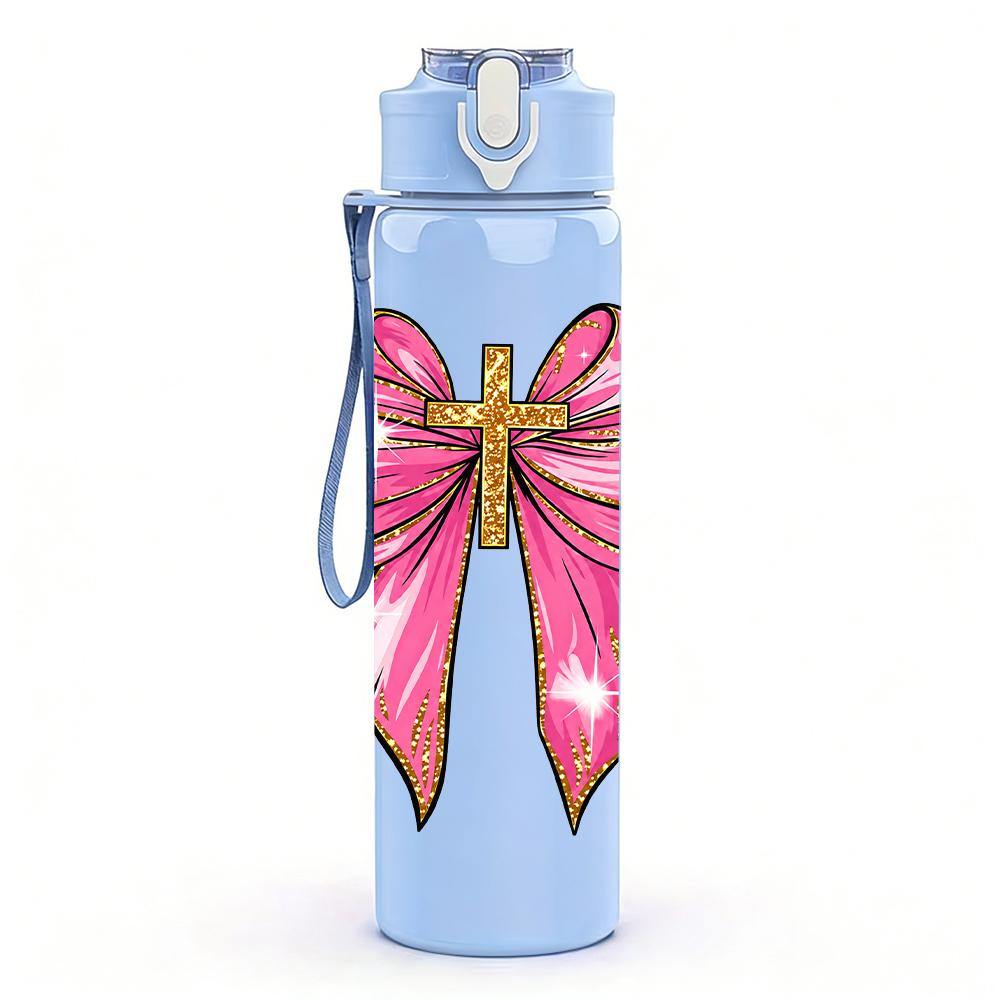 1PC Shiny Large Pink Bow 750ml Color Plastic Sports Water Bottle Leakproof Flip Straw Lid Suitable for Sports Office Home Use