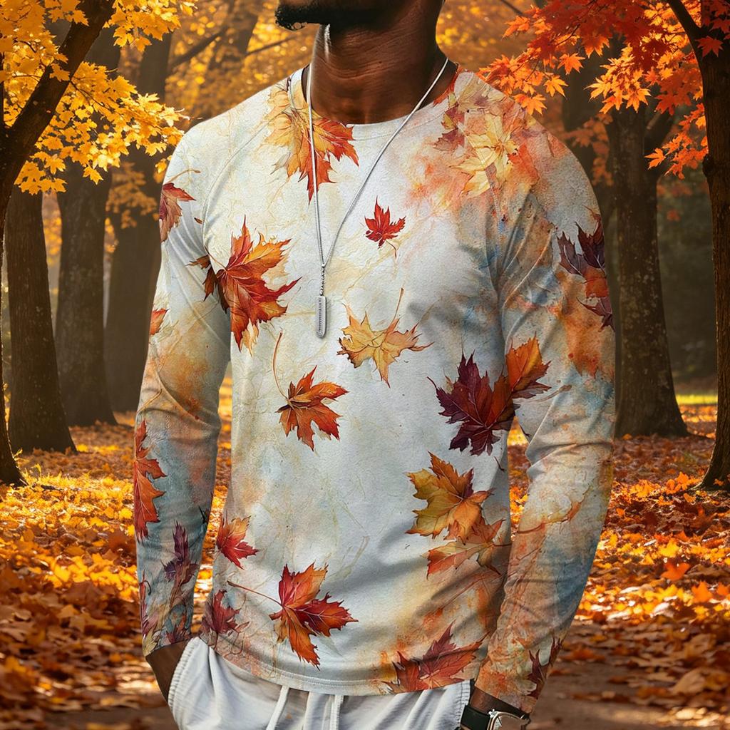T-shirt da uomo a maniche lunghe con stampa di foglie d'acero, top casual leggero girocollo per autunno e inverno