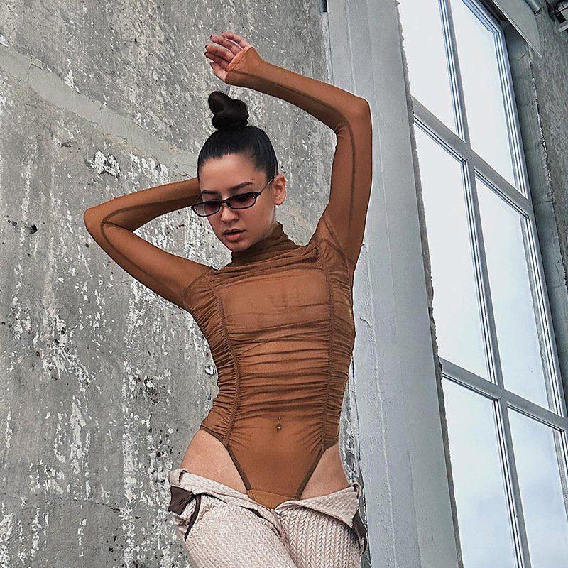 Women's Mesh See-Through Long-Sleeved Bodysuit - Chic High-Waisted Slim Fit Top
