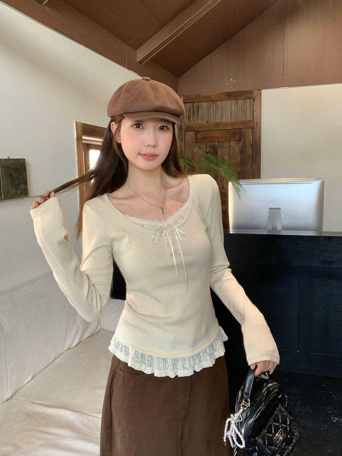 

Plus Size Women s Lace Layered Long-Sleeve T-Shirt – Korean Style for Autumn/Winter 3XL (Recommended 80-88 kg)