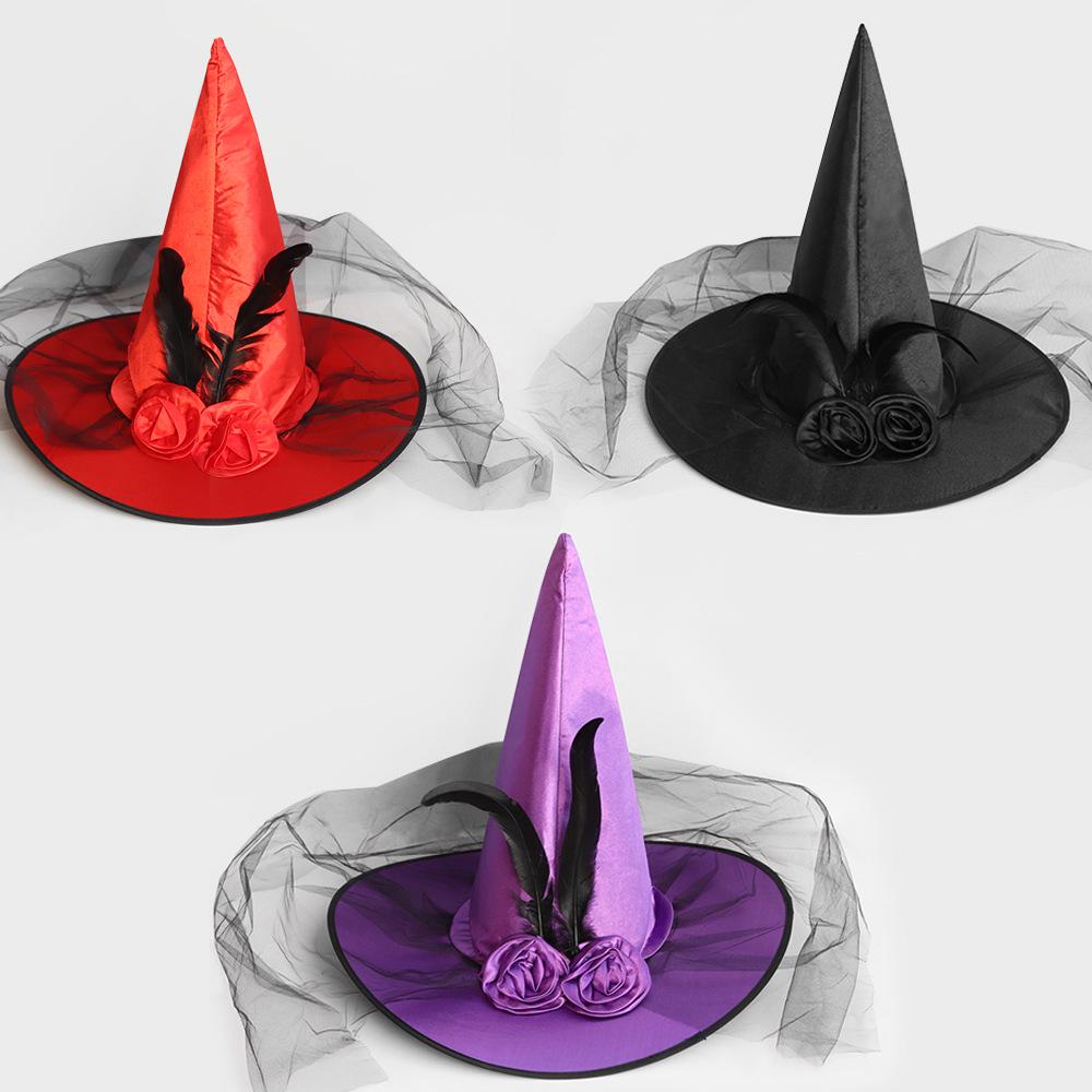 Halloween Witch Hat with Rose Flower Mesh for Adults & Kids - Masquerade Costume Party Accessory