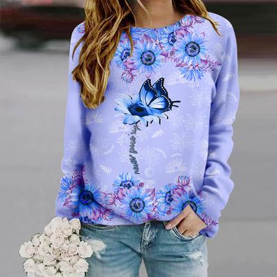 Oberteile für Damen, Schmetterlings-Sonnenblumen-Print, Rundhalsausschnitt, Langarm-T-Shirt, Herbst, lässiger, schlanker Pullover, Langarm-Oberteil für Damen