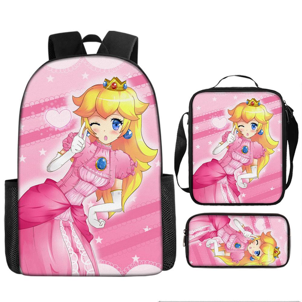 Sada batohů s kresleným motivem Super Maria, Školní taška princezny Peach, 3dílná, polyesterová, Batoh s herním motivem