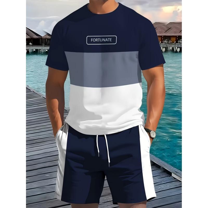 Men's Sports Short Sleeve Top Shorts Set Plus Size Breathable Basketball Sports Clothing Stripe Print T-shirt Shorts 2-piece Set
