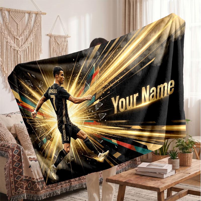 Cristiano Ronaldo Personalized Fleece Blanket With Football Logo, Custom Name Text Soft Warm Home Throw Blanket