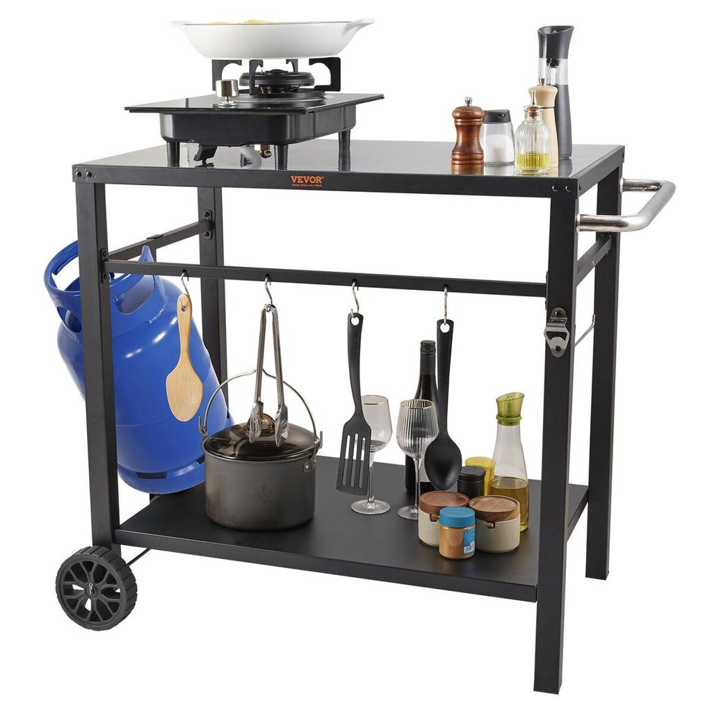 Outdoor Grill Dining Cart with Double-Shelf, BBQ Movable Food Prep Table, Multifunctional Iron Table Top, Portable Modular Carts for Pizza Oven,