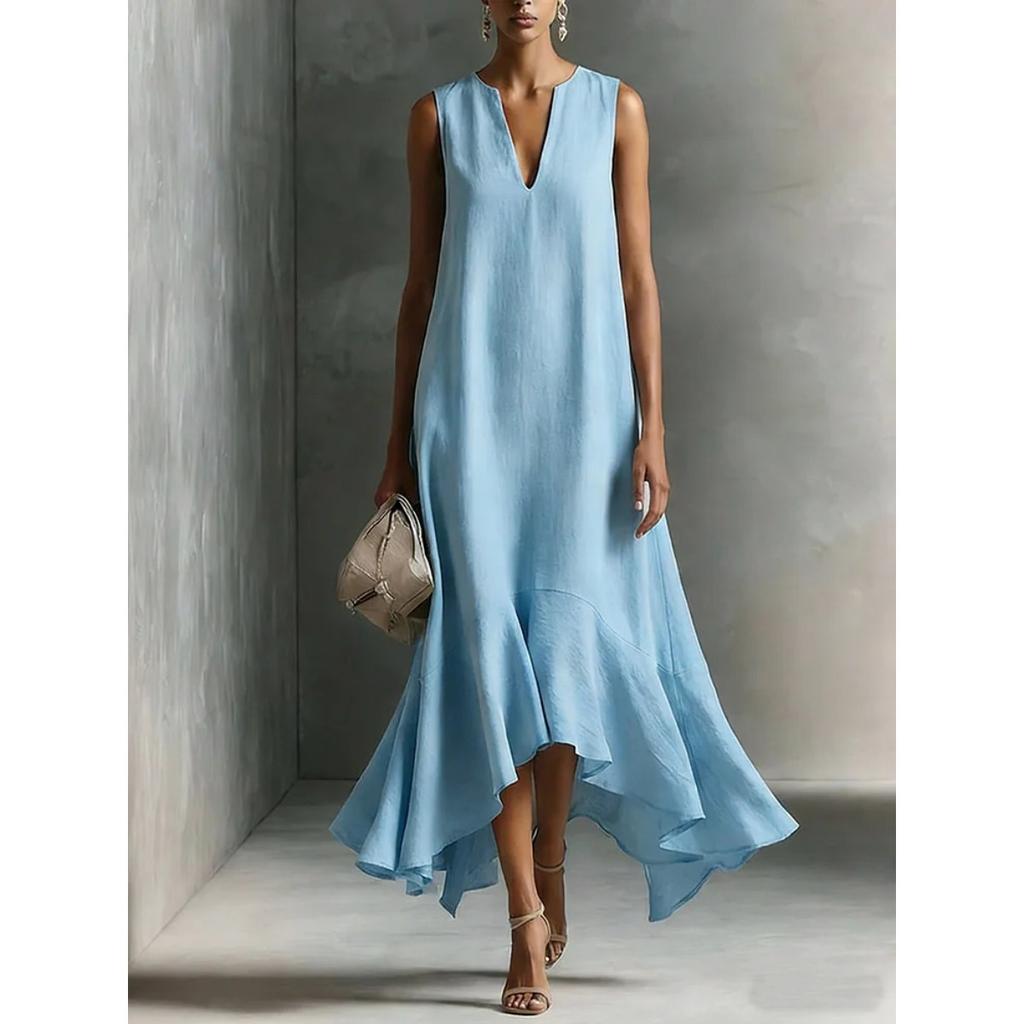 Women's V Neck Sleeveless Maxi Dress Loose Fit Casual Irregular Hem Linen Dress
