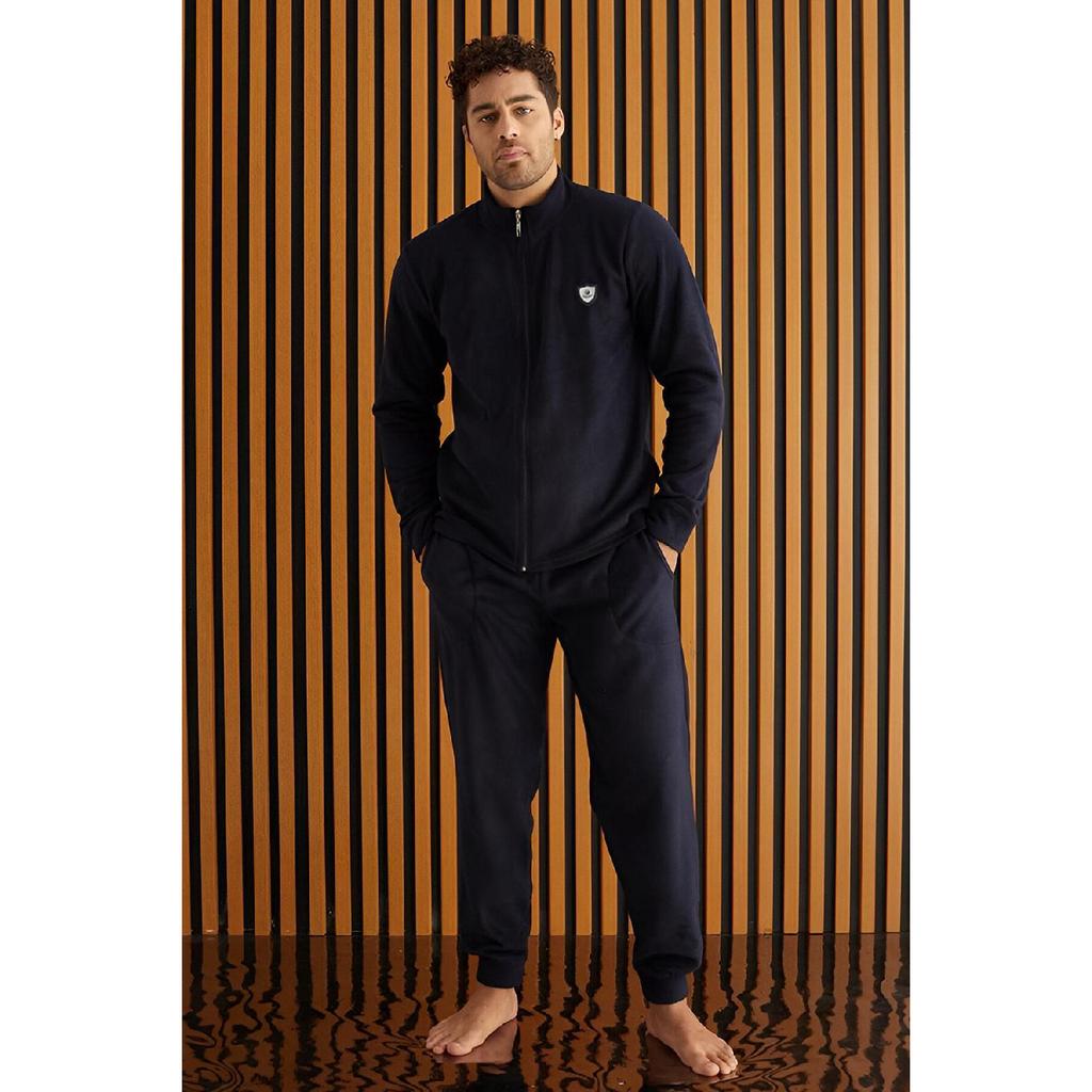 Gray Front Zipper Long Sleeve Fleece Men's Pajama Set