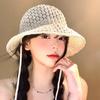 Damen Sommer Dünn Atmungsaktiv Gesicht Kleines Hohlmuster Riemen Eimerhut Sonnenschutz Sonnenschutz Gewebter Sonnenhut